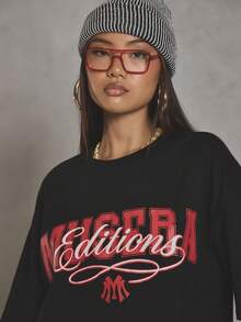 MUSERA Grafisches Oversized T-Shirt, Cool Girl, Streetstyle, Alltag, Herbst, Winter, Collegejacke, 1997 Herbst