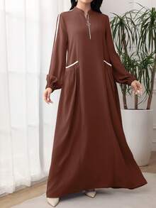 Al Najma 女士拉链长袖时尚口袋温柔优雅阿拉伯风格连衣裙，休闲运动风，适合日常休闲/工作/返校，超长阿拉伯连衣裙 - 巧克力棕 - 查看 5