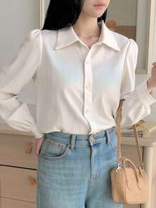 DAZY 女式褶皱纯色翻领宽松衬衫，白色，春夏秋长袖上衣 - 白色 - 查看 2