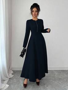 Elenzga Women's Elegant Coffee Brown Round Neck Front Zipper High-End Design Waist Fitted Flared Long Sleeve Midi Dress, Suitable For Commuting In Autumn - Navy Blue - View 3