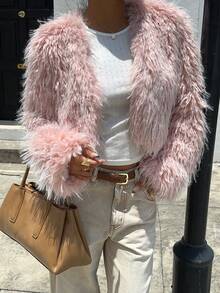 SHEIN Unity Women's Elegant Luxury Faux Ostrich Fur Lined Jacket - Pink - View 5