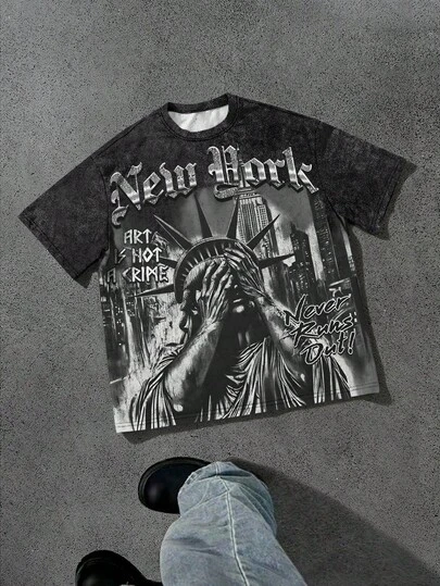 PAVTROS Camiseta casual holgada de cuello redondo con estampado de letras para hombre