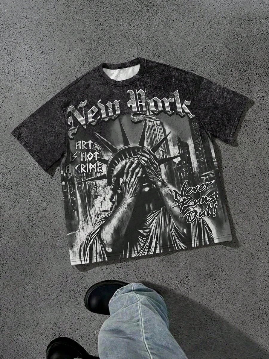 PAVTROS Camiseta casual holgada de cuello redondo con estampado de letras para hombre - Multicolor - Ver 1