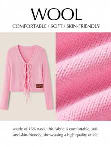 SHEIN Unity Women's Pink Wool Blend Cardigan,Warm & Comfortable,Casual,Autumn,Smart Casual,Sweet,School,Back-To-School,Retro Academic Vibe,V Neck,Tie Front - Pink - View 2