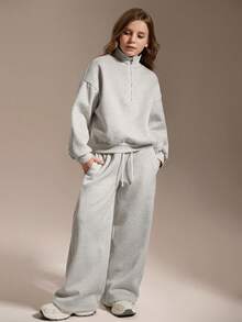 SHEIN Conjunto de sudadera con cremallera de cuarto y pantalón de chándal de ajuste relajado para niñas preadolescentes, de vuelta al colegio, otoño/invierno, otoño acogedor, Navidad, ropa casual linda de uso diario, streetwear Y2K, gris - Gris Claro - Ver 3