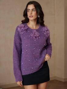 Aveloria Rosie Suéter holgado de cuello redondo con diseño floral 3D texturizado de moda que rejuvenece