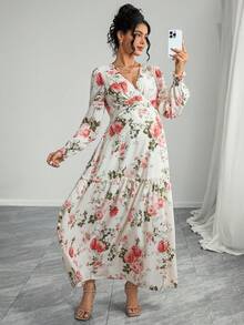 Momance Maternity Floral Print V-Neck Long Sleeve Ruffle Hem Elegant Dress - Multicolor - View 1