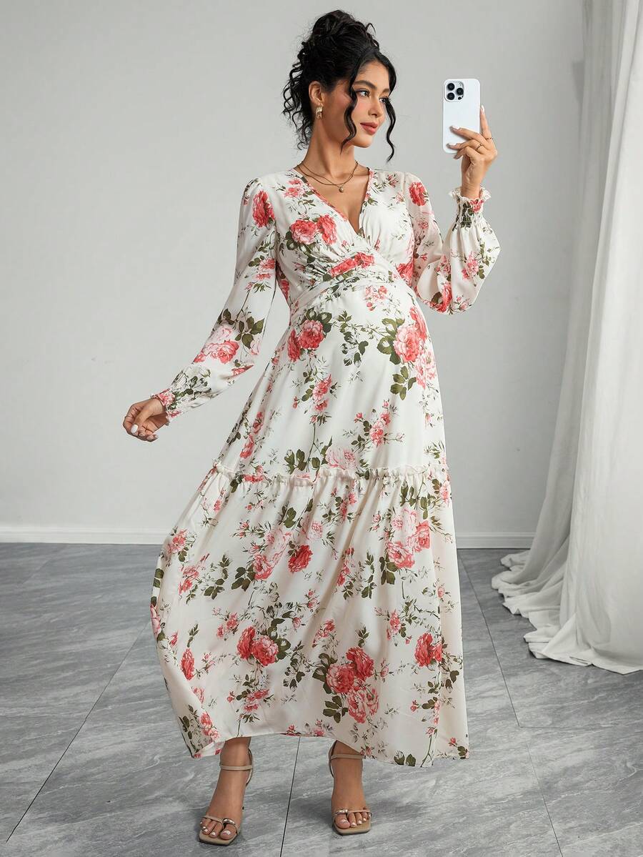 Momance Maternity Floral Print V-Neck Long Sleeve Ruffle Hem Elegant Dress - Multicolor - View 1