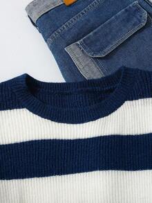Sparklyn Teen Girl Loose Fit Asymmetrical Shoulder Long Sleeve Striped Sweater, Suitable For Home, Outing, Party, Back To School, Blue And White Sweater, Winter Christmas Halloween - Navy Blue - View 7