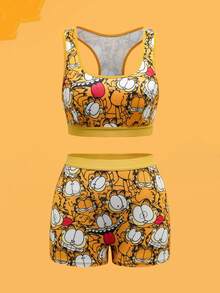 GARFIELD | SHEIN Women's Full Print Cat Print Wireless Bra And Boyshorts Set,Kawaii,Y2K,Cute,Sweet, Funny Lingerie Cute Underwear Set 2 Piece Set Summer 2 Piece Outfits Women Sports Bra Sets Cute Sets For Women - Yellow - View 1