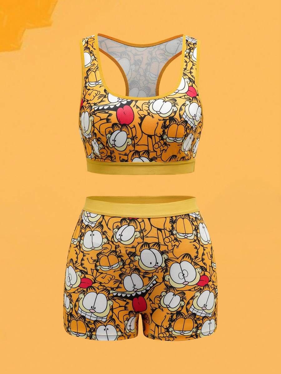GARFIELD | SHEIN Women's Full Print Cat Print Wireless Bra And Boyshorts Set,Kawaii,Y2K,Cute,Sweet, Funny Lingerie Cute Underwear Set 2 Piece Set Summer 2 Piece Outfits Women Sports Bra Sets Cute Sets For Women - Yellow - View 1