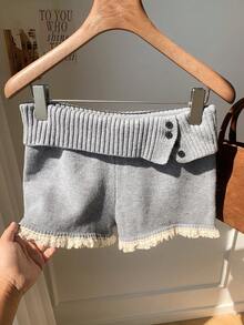 Comfortcana 蕾丝拼布可折叠不对称下摆灰色短款毛衣短裤 - 灰色 - 查看 6