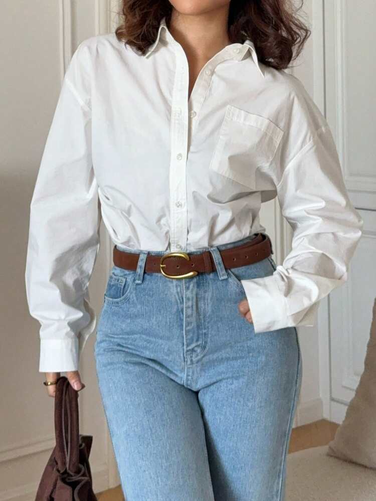 Women's Casual Solid Color Pleated Shirt, Autumn Long Sleeve Top