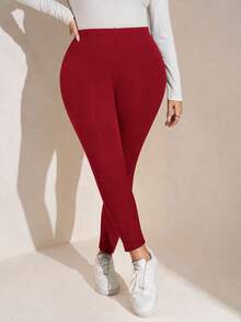 SHEIN LUNE Quần legging lót nhiệt màu trơn cỡ lớn, mặc thường ngày cho mùa thu/đông - Đỏ - Xem 5