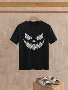 Manfinity NXTstreet 男士休闲鬼脸水钻印花圆领短袖T恤 - 黑色 - 查看 2