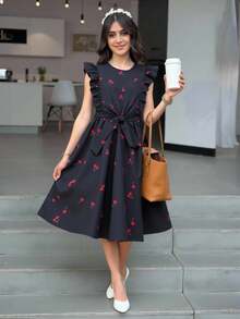 Teenage Girls' Cherry Print Navy Blue Belted Dress