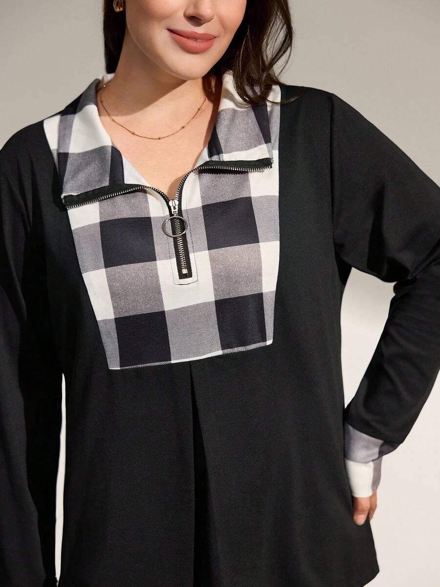 Momelise 大码女式休闲格子拼布衬衫 - 黑色 - 查看 1