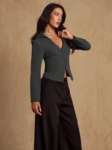 Glamine 优雅简约衬衫领开襟纽扣长袖女式外套，春秋季商务女士深绿色上衣西装外套，绿色西装外套，女士商务休闲上衣，圣诞节女士圣诞装 - 深灰色 - 查看 6