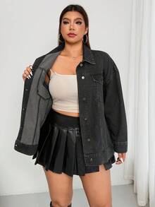 Enliva Melanieangelese Plus Size Women's Casual Washed Button-Up Loose Denim Jacket, Autumn, For Apple Rounded Body Shape