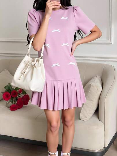 Young Women's Cute Ruffled Crew Neck Puff Sleeve Dress With Bow Decor, Suitable For Travel And Gathering, Spring/Summer Preppy Dress Aesthetic Dress