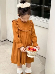 SHEIN Young Girls' Casual Ruffle Collar Long Sleeve Dress - Brown - View 4