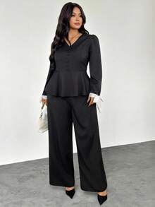Firerie 大码女式两件套 - 优雅蝴蝶结装饰撞色腰喇叭衬衫上衣和宽松长裤，休闲度假装，春秋季 - 黑色 - 查看 5