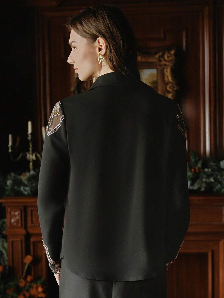 Women's Fashion New Bohemian Style Long Sleeve Blouse With Pearl Embroidery, Elegant Chic Stylish Top For Fall, Winter, New Year, Christmas, Going Out