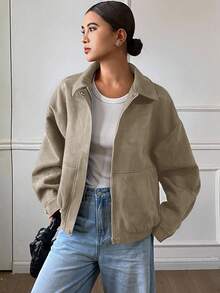 DAZY Loose Casual Brown Short Jacket Coat, Autumn/Winter - Khaki - View 5