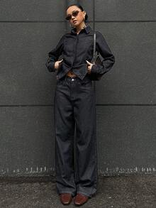 DAZY Jeans vintage taille haute jambe large, ensemble pantalon casual et chemise en jean - Jean brut - Voir 5