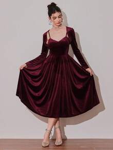 Modelyn 女士纯色长袖吊带背心和细肩带中长连衣裙优雅套装 - 酒紅色 - 查看 6