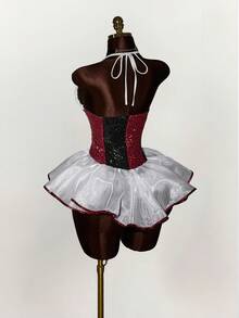 Amplova Đầm ngắn thời trang cổ yếm xếp nếp kim sa hình thoi màu tương phản dành cho nữ - Nhiều màu - Xem 2