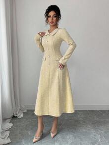 Elenzga 女式纹理面料 V 领荷叶边领 A 字中长连衣裙，腰部收紧，金属珍珠纽扣装饰，优雅美观，适合教师装、约会、生日、感恩节、万圣节、秋冬 - 黃色 - 查看 4