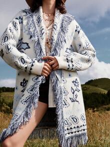 Bohemela 秋冬女士休闲复古提花流苏边饰波西米亚风简约长袖开襟毛绒复古宽松针织衫，西部乡村风格，适合度假、日常穿着、返校季、万圣节、圣诞节等场合。 - 彩色 - 查看 6