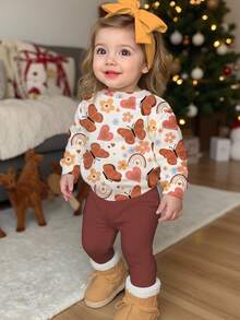 Emery Rose Kids Emery Rose Kids 两件套女婴休闲可爱趣味美乐印花秋季卡通蝴蝶、彩虹、花卉图案柔软加厚圆领长袖卫衣和打底裤套装，适合秋冬季穿着 - 彩色 - 查看 1