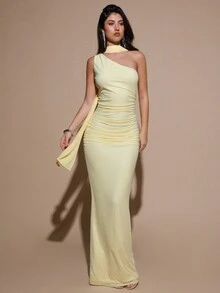 SHEIN BAE 不对称褶饰紧身网眼连衣裙，优雅性感正式礼服，适合派对、婚礼、生日、圣诞节、万圣节 - 浅黄色 - 淡黃色 - 查看 5