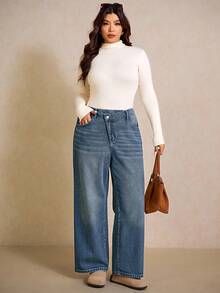 Elaquor 大码不对称腰牛仔裤蓝色高腰直筒裤秋冬休闲装，牛仔裤，女士冬季牛仔裤 - 中等水洗藍 - 查看 7