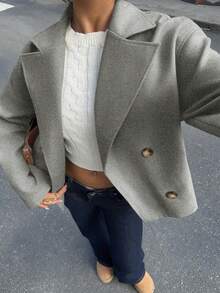 SHEIN Unity 杏色双面缺角领短款大衣，双排扣，带口袋，长袖，时尚百搭，适合通勤、办公、休闲、优雅、复古、学术、日常、约会等场合，女士秋冬款 - 灰色 - 查看 1
