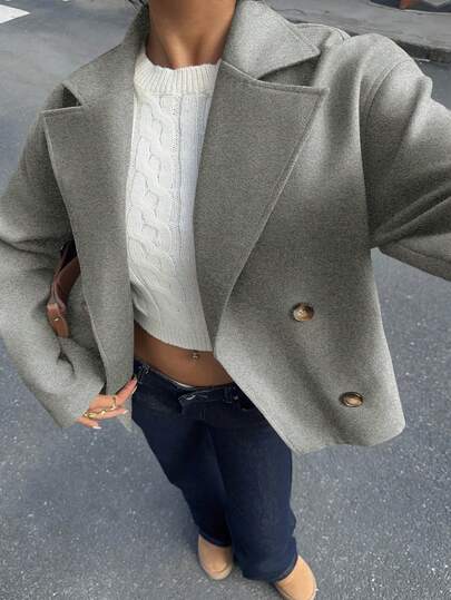 SHEIN Unity Aprikotfarbener doppelseitiger Kerbelkragen, doppelreihige Knöpfe, Taschen, Langarm, kurzer Mantel, Mode, Pendeln, Büro, Lässig, Elegant, Retro, Akademisch, Alltag, Date, Damen, Herbst/Winter