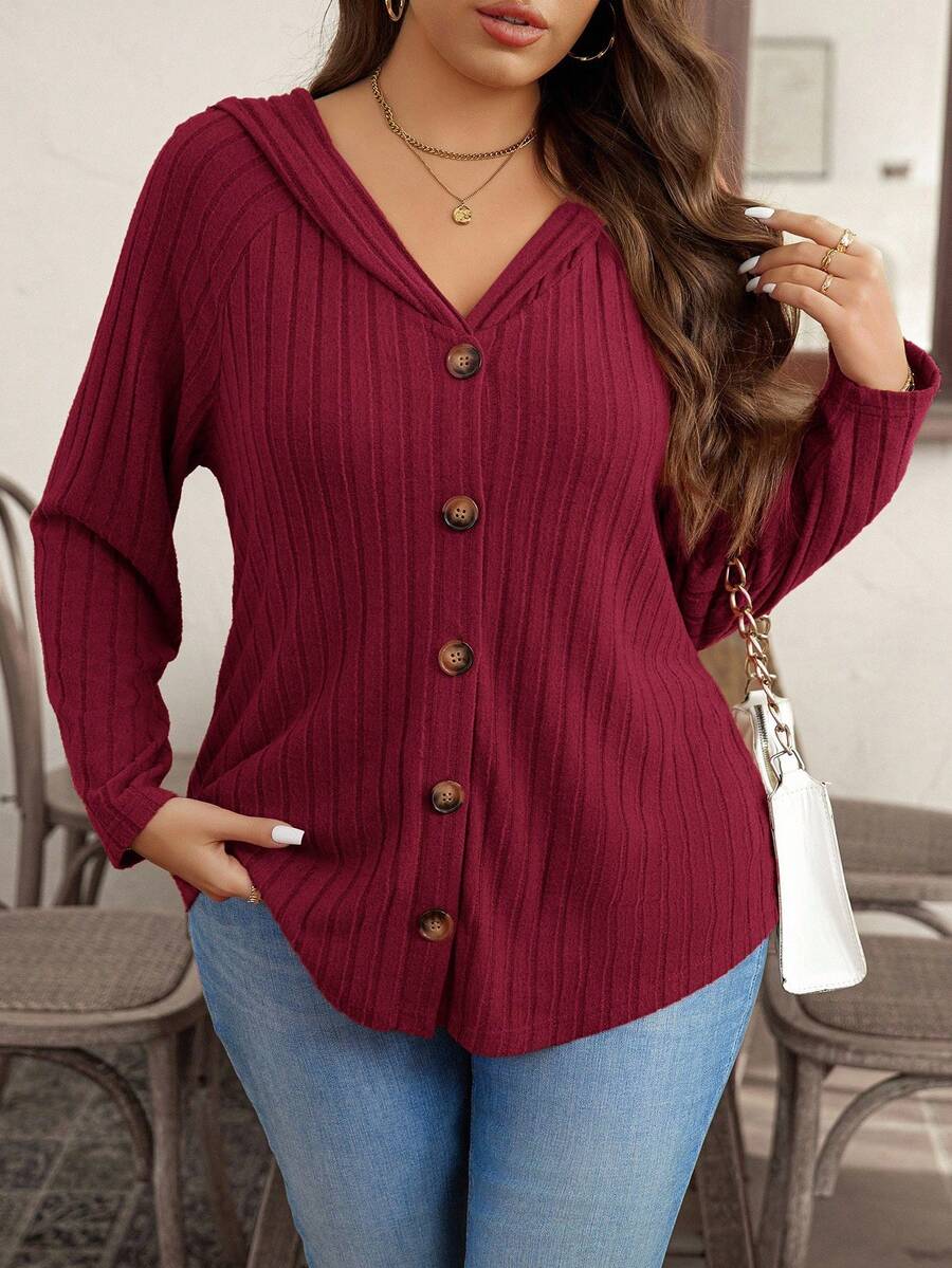 Plus Size Red Casual Knitted Fabric Rib-Knit Hooded Long Sleeve T-Shirt With Buttons Regular Length Plus Size Ribbed Knit Top Burgundy Hooded Button Up Wine Red Ribbed Sweater Plus Size Long Sleeve Top Dark Red Knit Blouse - Red - View 1