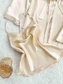 SHEIN SilkySpell Plunging Neck Cami Dress, Camisole Top, Shorts, And Robe Sleepwear Set Satin Sleepwear Set Lingerie Robe Set Lingerie Sleep Set, Fall Winter Clothes