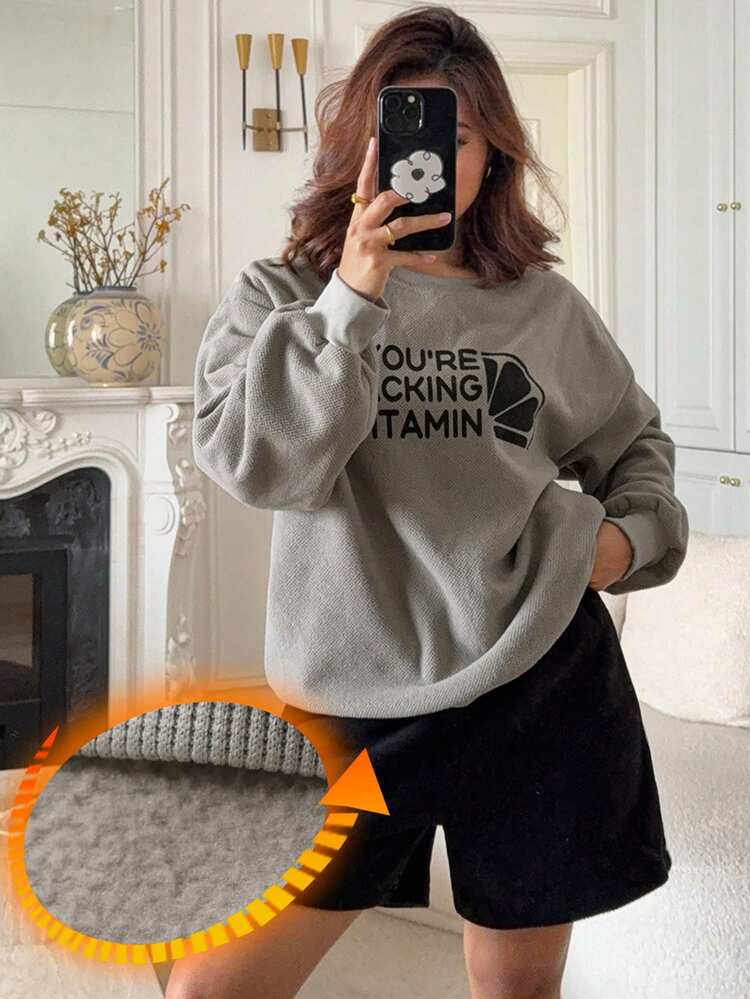 2pcs Women Casual Graphic Print Loose Fit Long Sleeve Top And Shorts Pajama Set, Cozy Outfit Fall Winter Clothes