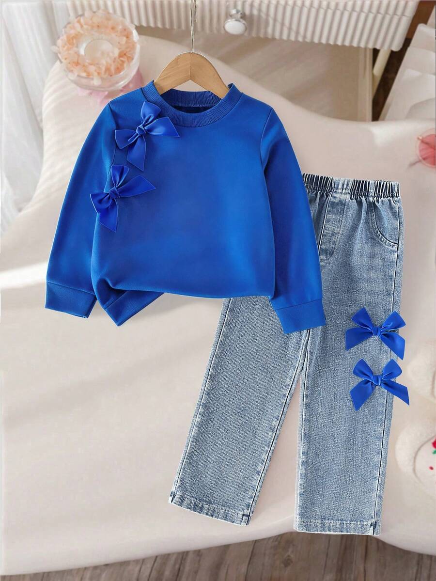 SHEIN Genkimix Kids Bộ quần denim ống đứng lưng thun co giãn, cổ tròn tay raglan màu trơn rộng rãi dễ thương cho bé gái, phù hợp cho bé gái mặc đi học trong mọi mùa - Xanh đậm - Xem 1