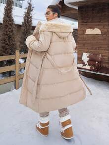 SHEIN EZwear 大码女式卡其色毛领长款棉服外套，秋冬 - 卡其色 - 查看 2