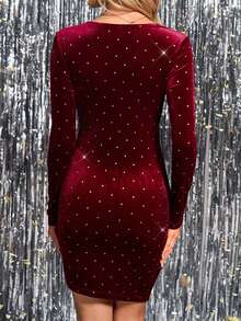 SHEIN Clasi Damen Samt V-Ausschnitt gerafftes Mini-Kleid mit Strass Verzierung - Bordeaux - Übersicht 5