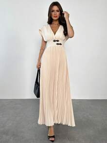 Firerie 女士优雅休闲新款时尚通勤日常 V 领纽扣高腰 A 字褶皱杏色长裙，夏季 - 杏色 - 查看 4