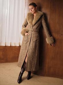 MOTF PREMIUM WOOL TWEED ELEGANT LUXURY FURRY COLLAR BELTED OVERCOAT