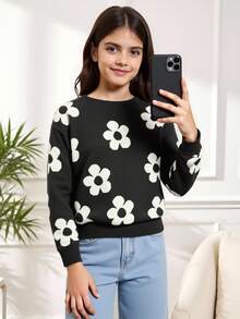 SHEIN Tween 女童休闲拼色花朵图案针织毛衣，秋冬款 - 黑色 - 查看 5