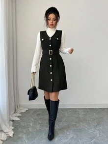 Elenzga 女式优雅复古灯芯绒V领金属纽扣装饰无袖纹理迷你连衣裙 - 黑色 - 查看 4