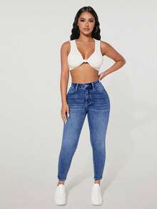 SHEIN PETITE Jeans pitillo con botones decorativos de talle alto, con distressed, forrados térmicamente para otoño e invierno, jeans pitillo con bolsillos y denim engrosado - Azul - Ver 4