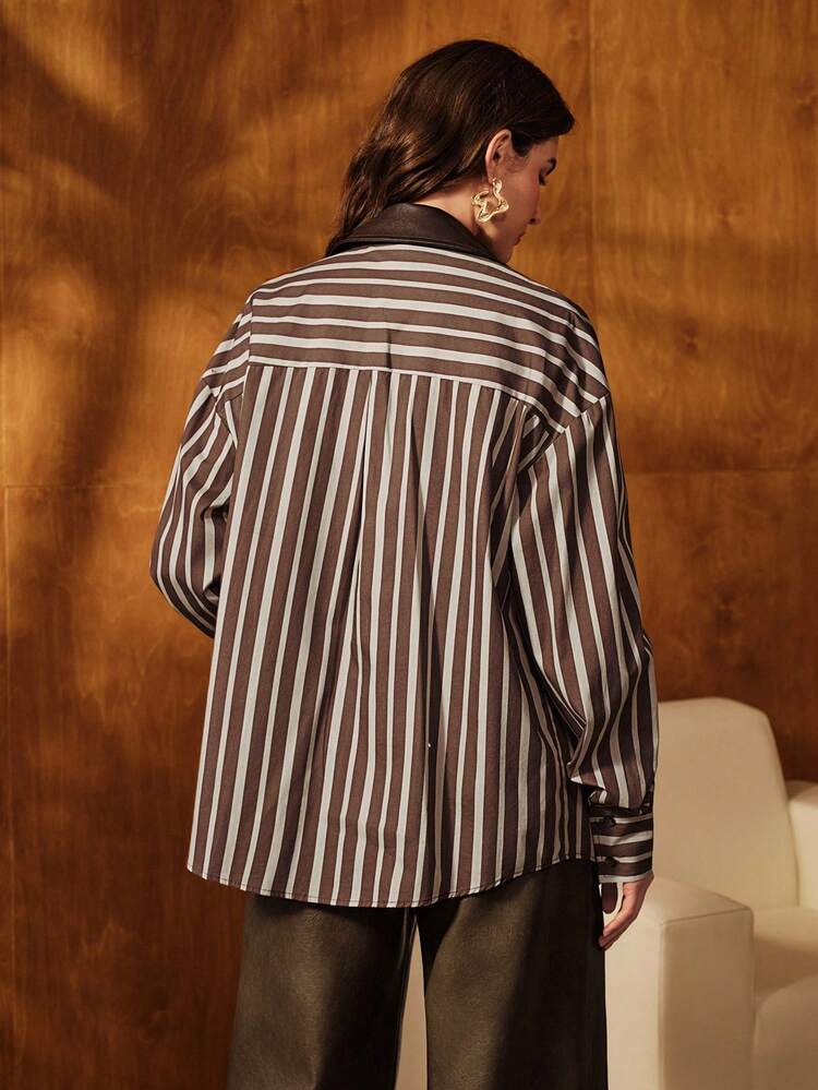 Women's PU Leather Patchwork Long Sleeve Casual Shirt, Suitable For Fall, Winter, New Year, Elegant, Chic, Stylish, Christmas, Going Out